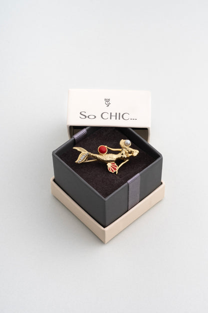 Deniz Kızı 18 Ayar Sarı Altın Kaplama Gümüş Mercan Broş 07311100844