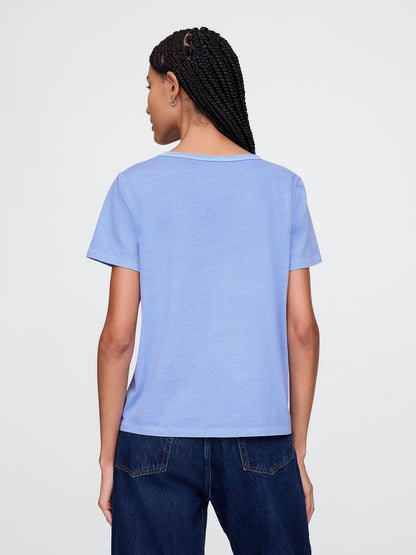 Açık Mavi Organik Pamuk Vintage V Yaka T-shirt