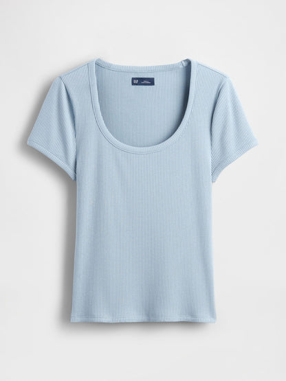 Açık Mavi Modern Fitilli Scoop Crop T-shirt