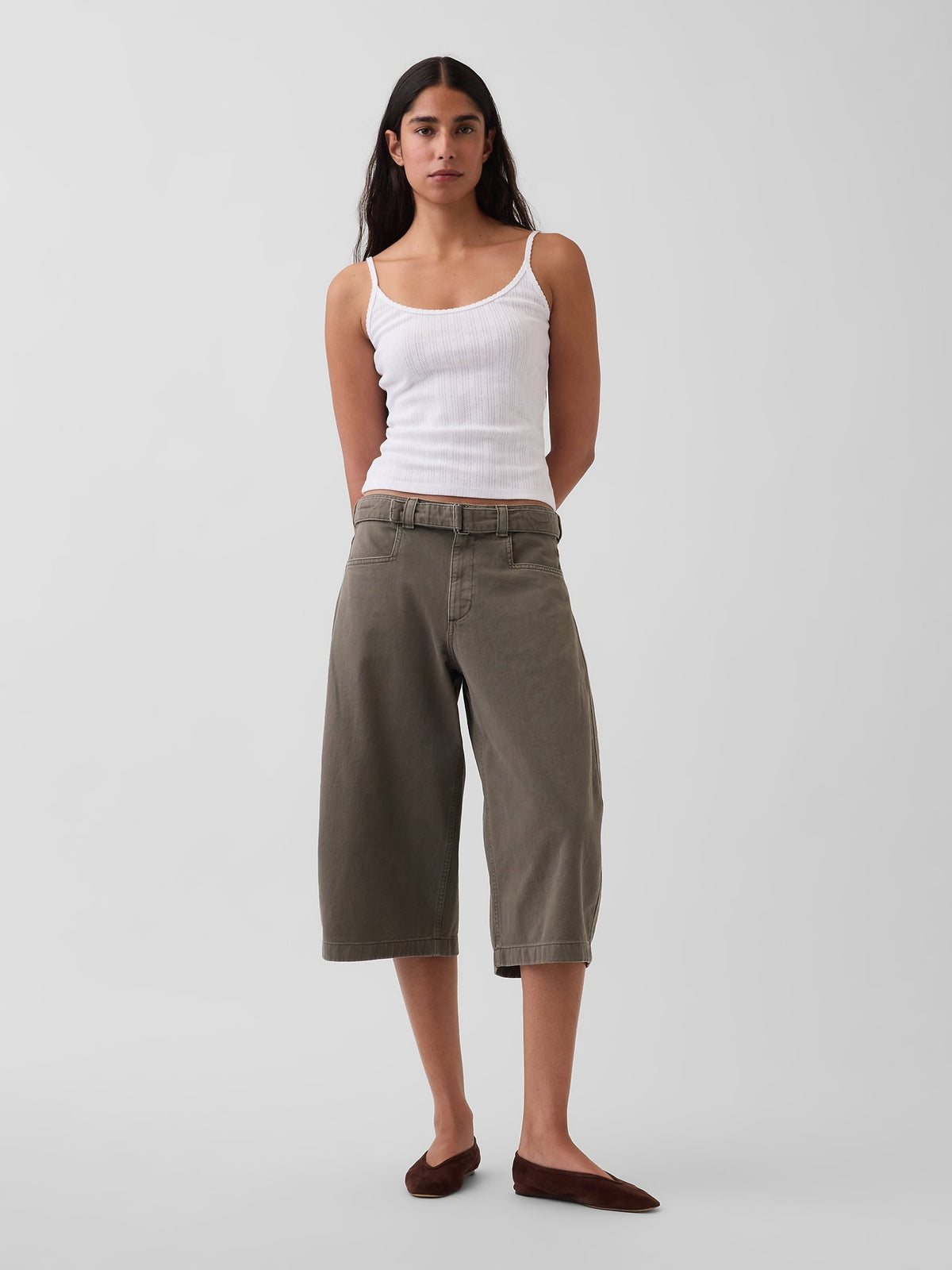Haki Mid Rise Kemerli Culotte Barrel Pantolon