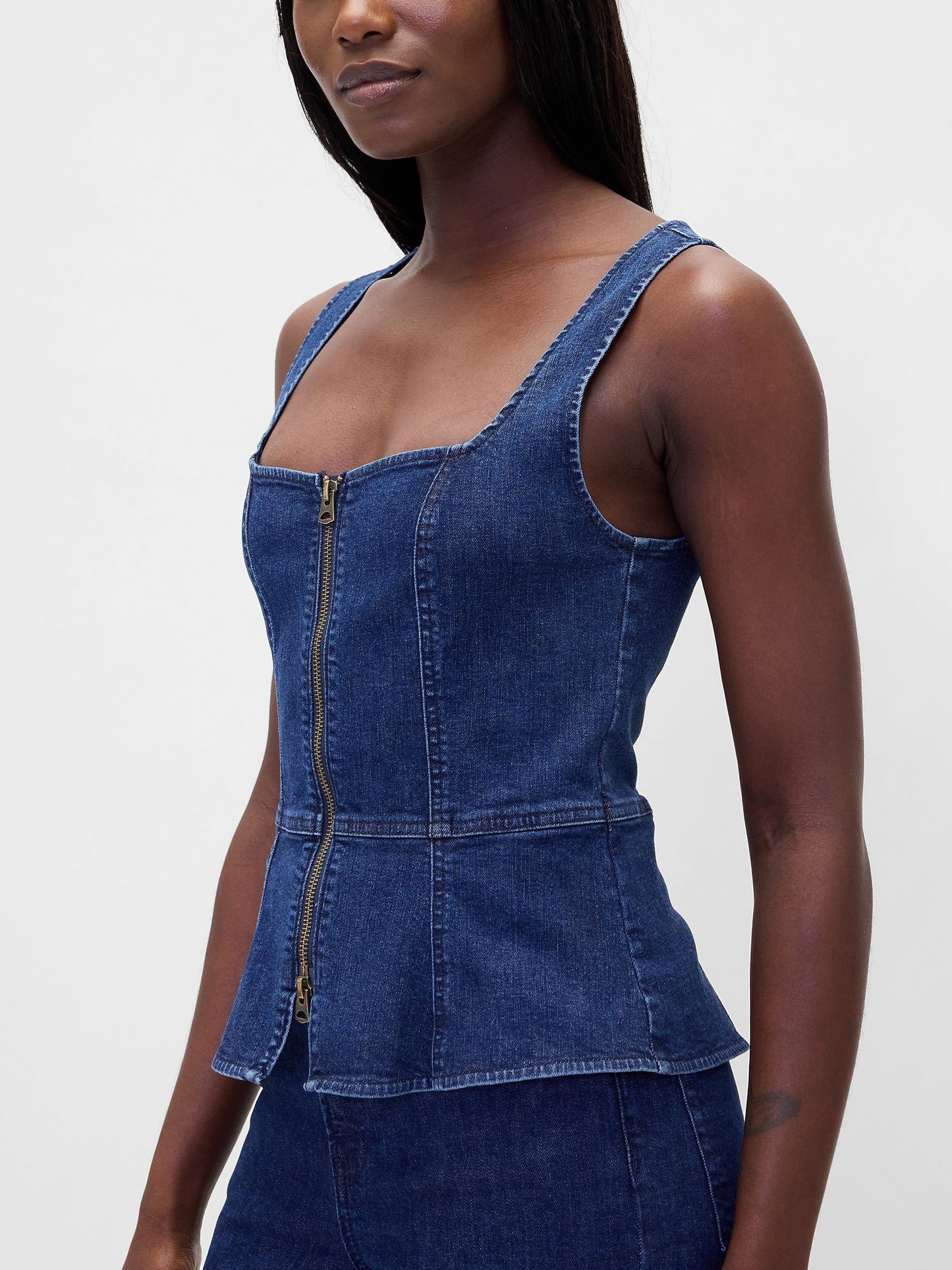 Lacivert Denim Fermuarlı Bluz