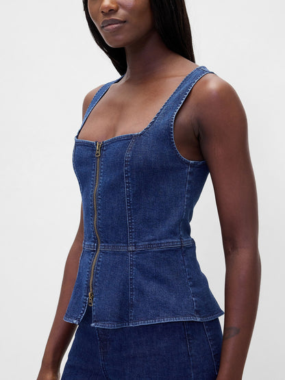 Lacivert Denim Fermuarlı Bluz