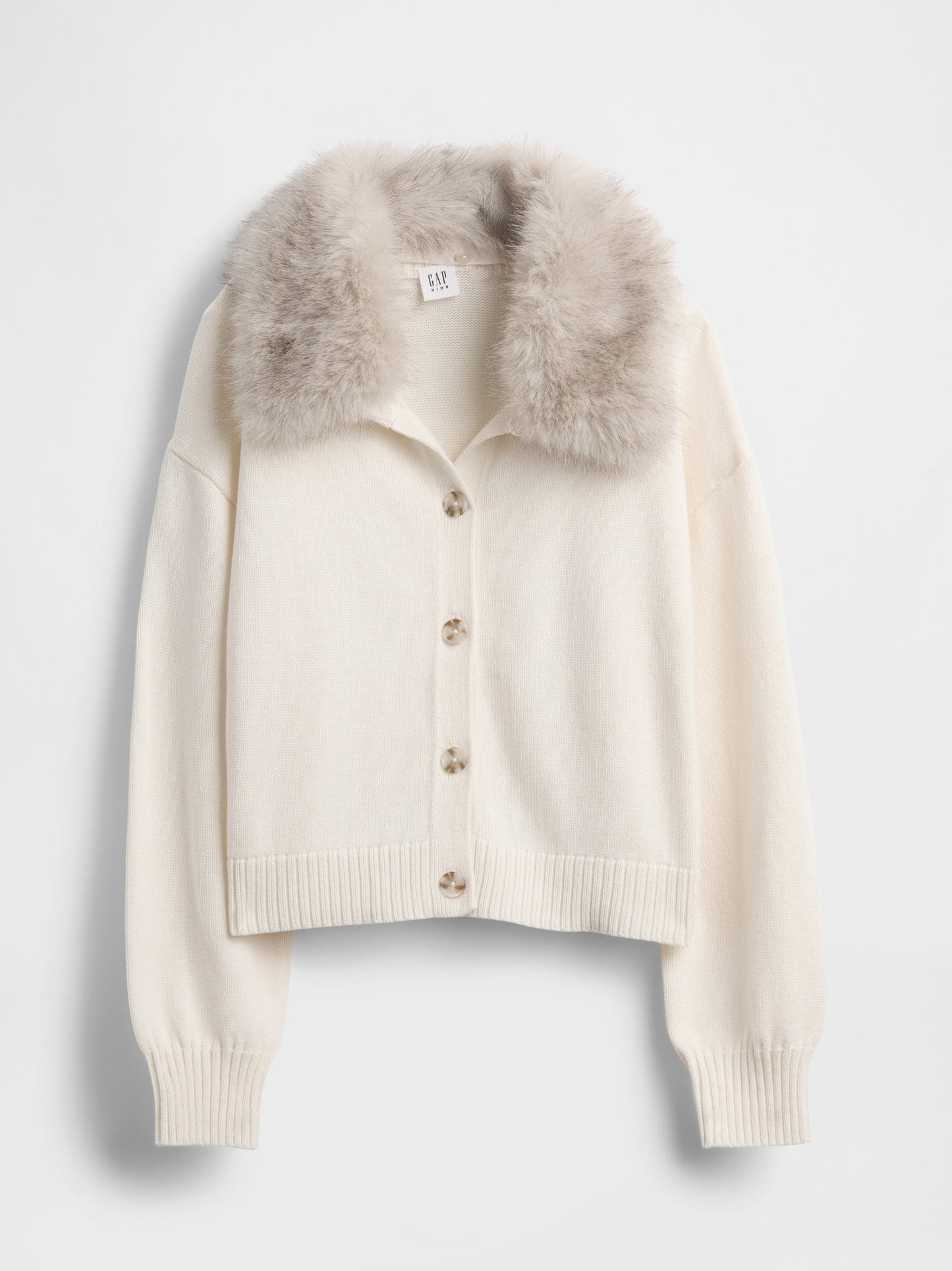 Krem Faux Fur-collar Triko Hırka