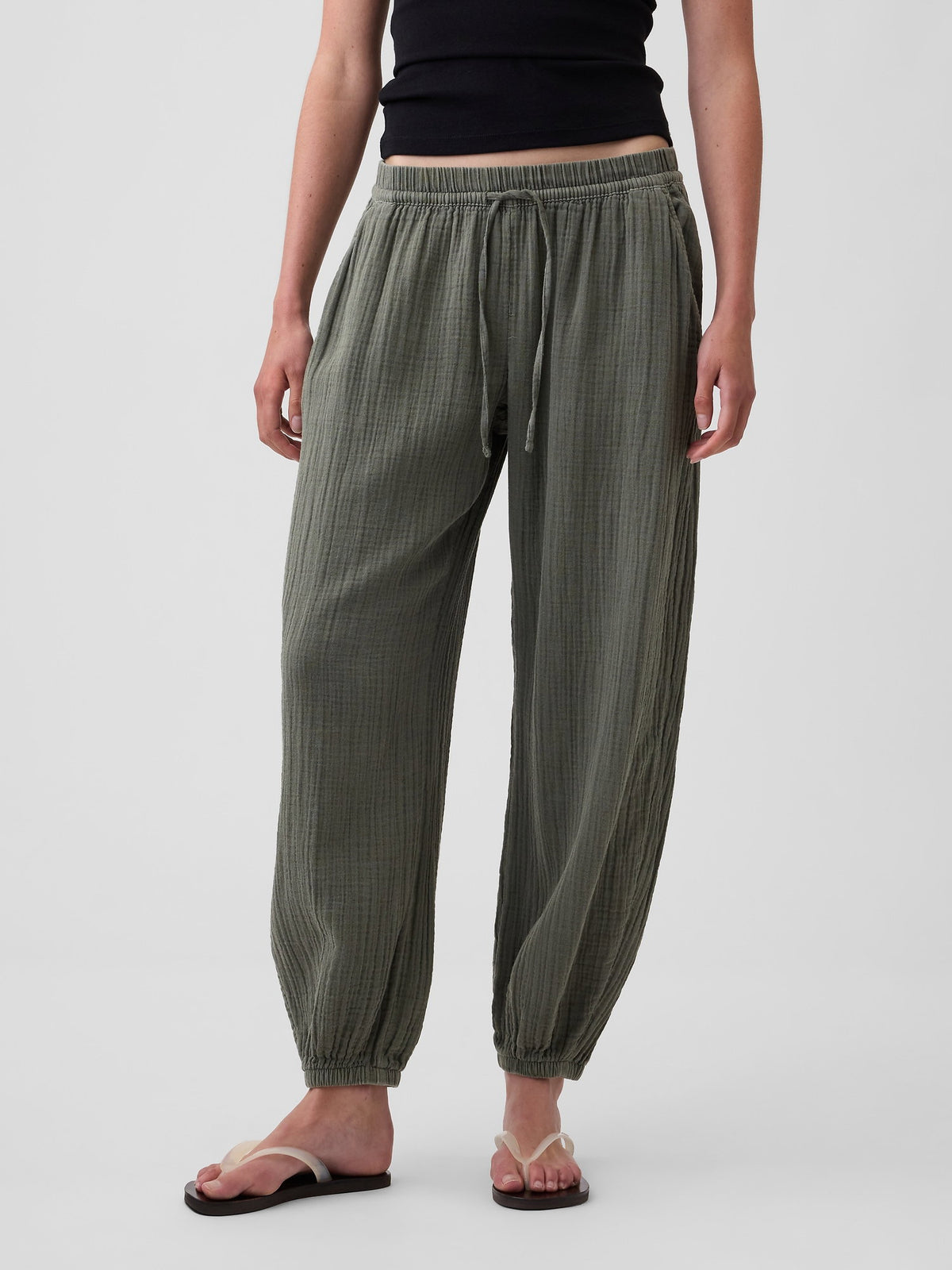 Beyaz Pamuk Gauze Barrel Jogger Pantolon