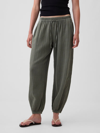 Beyaz Pamuk Gauze Barrel Jogger Pantolon