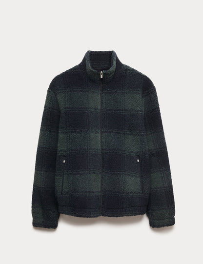 Ekose Desenli Fermuarlı Fleece Ceket