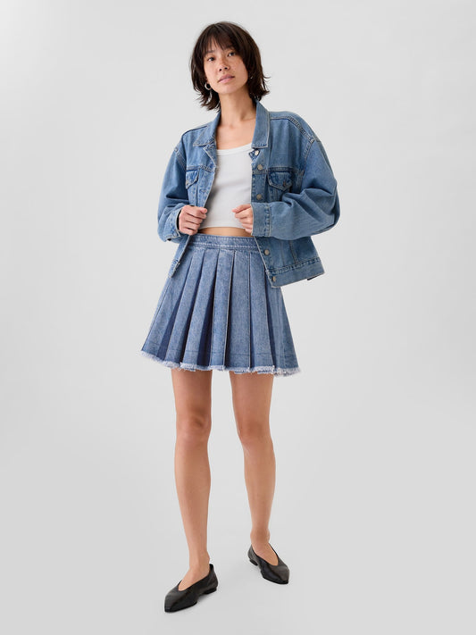 Mavi Pileli Denim Mini Etek