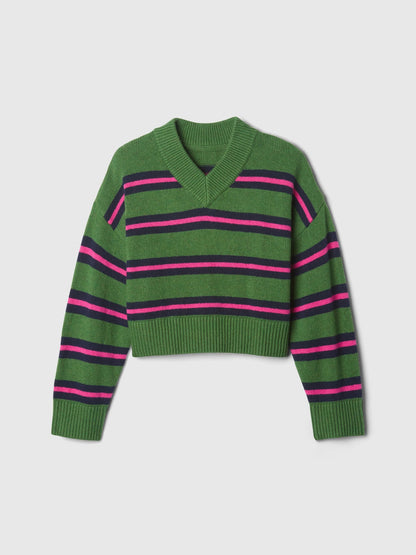 Koyu Yeşil Cashsoft Oversize V Yaka Kazak