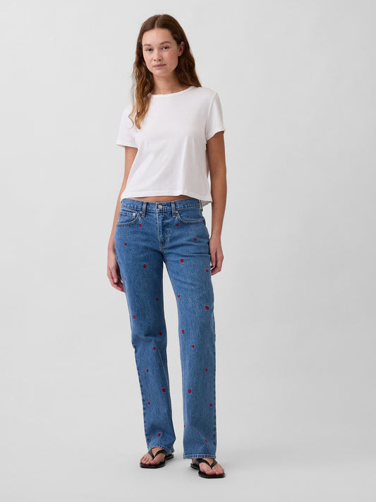 Mavi Mid Rise Işlemeli Relaxed Straight Jean Pantolon