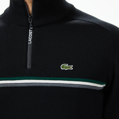 Lacoste Erkek Classic Fit Yarım Fermuarlı Çizgili Siyah Kazak