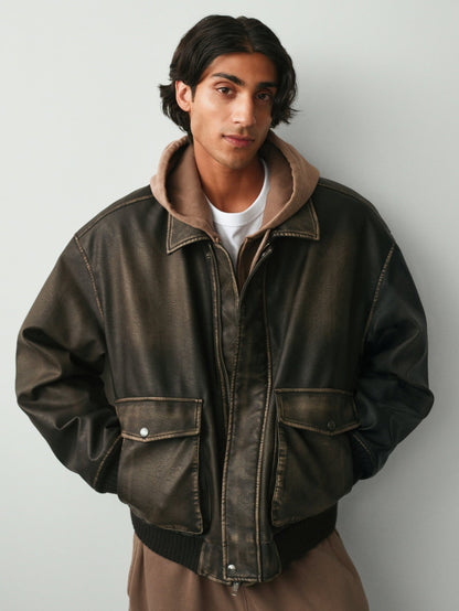 Siyah Recycled Vegan Deri Bomber Ceket