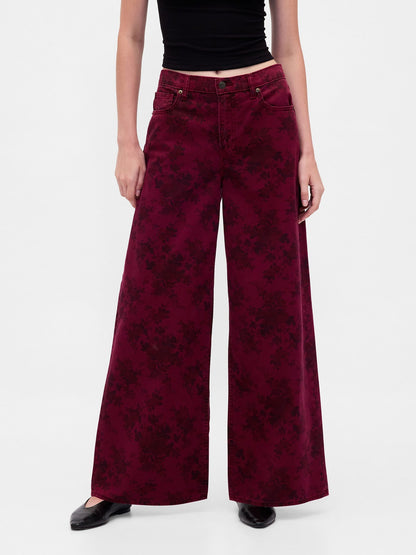 Bordo Mid Rise Çiçekli Baggy Jean Pantolon
