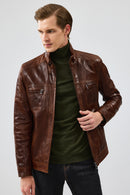 Wade Erkek Kahverengi Slim-fit Deri Ceket