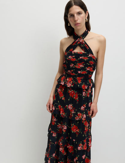 Çiçek Desenli Halter Yaka Katmanlı Maxi Elbise