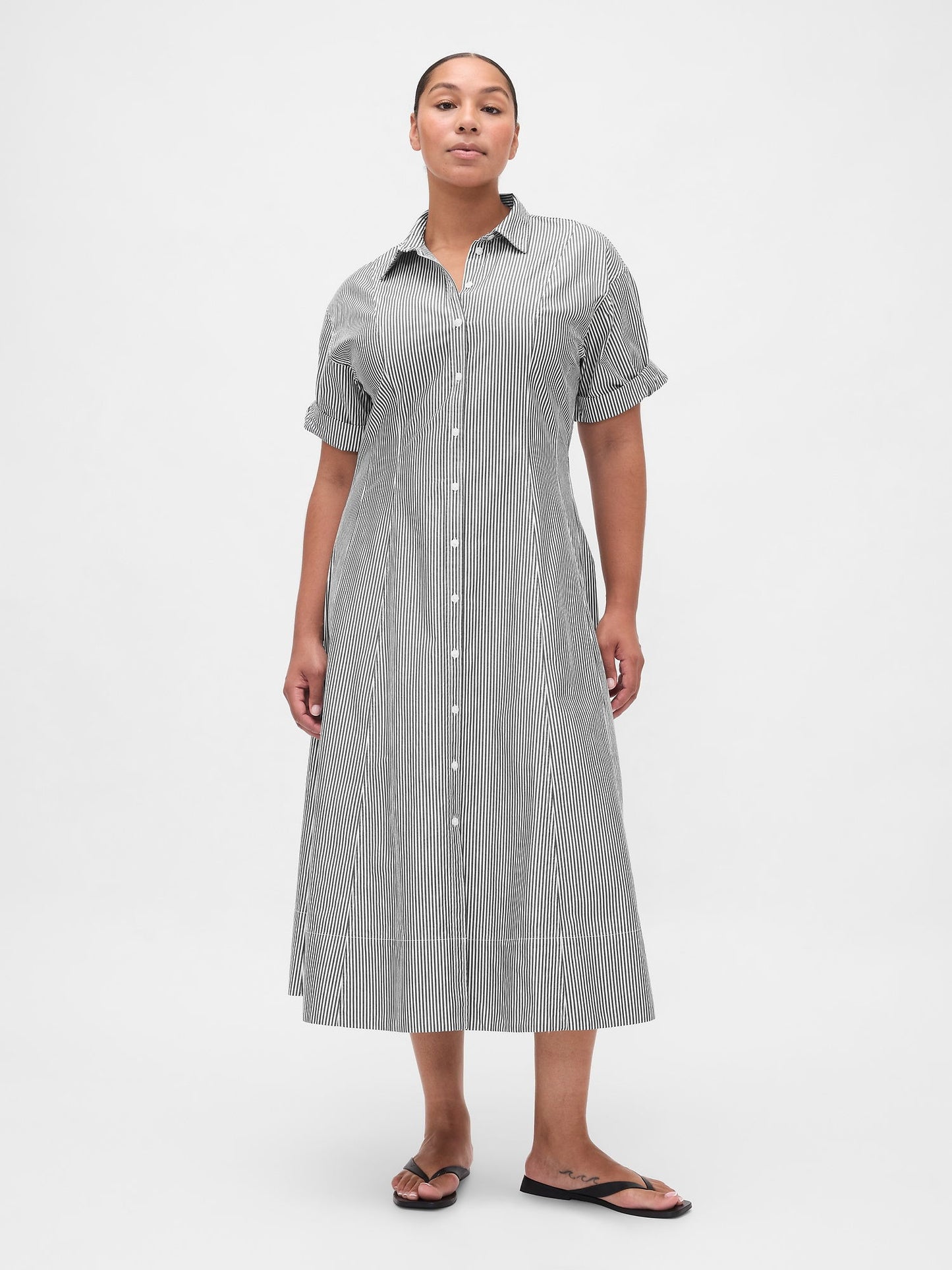 Siyah Beyaz Çizgili Poplin Roll-cuff Midi Gömlek Elbise
