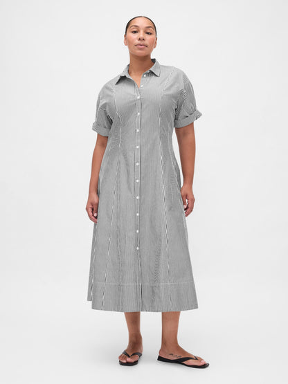 Siyah Beyaz Çizgili Poplin Roll-cuff Midi Gömlek Elbise
