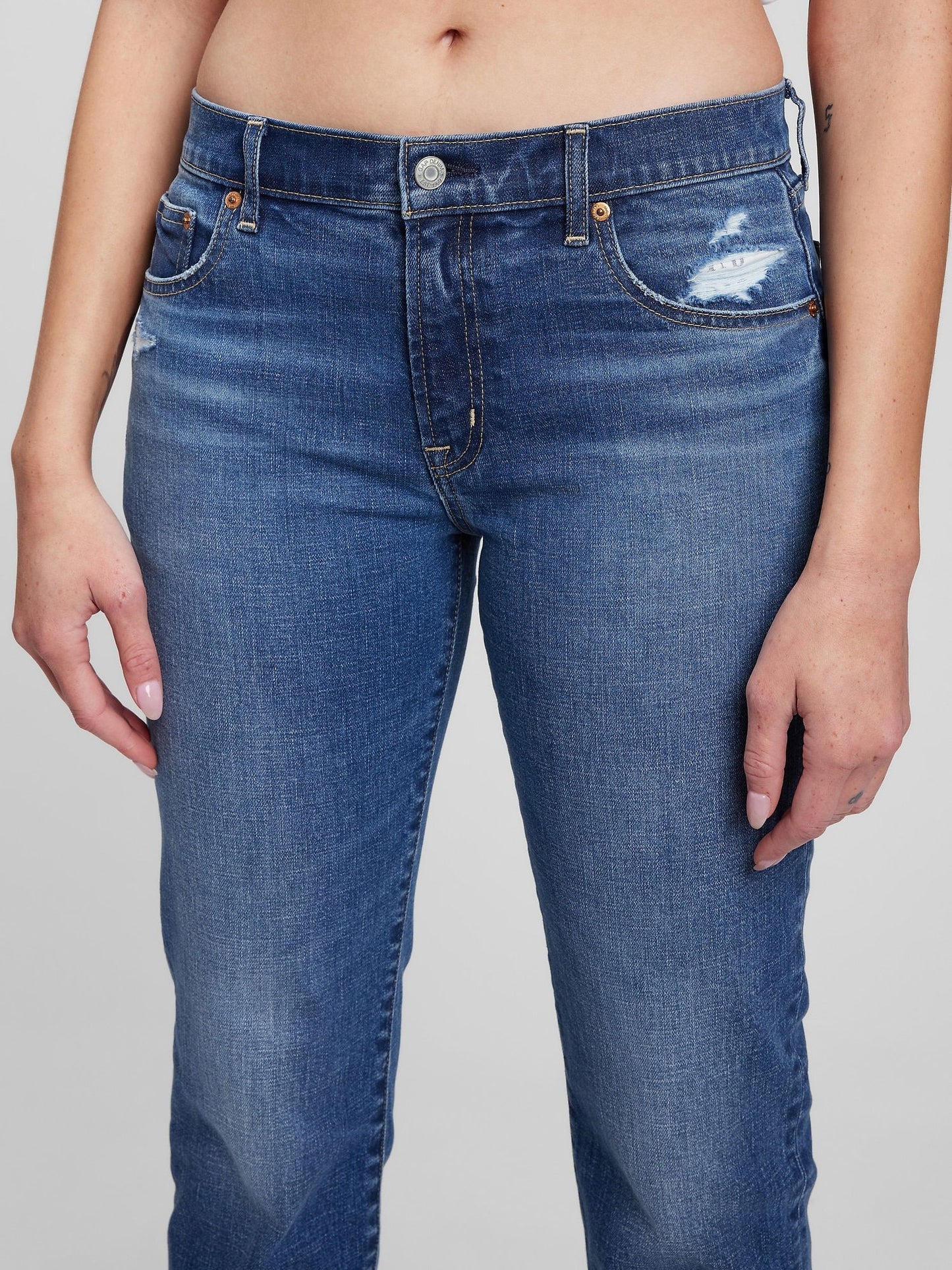 Koyu Mavi Mid Rise Washwell™ Girlfriend Jean Pantolon