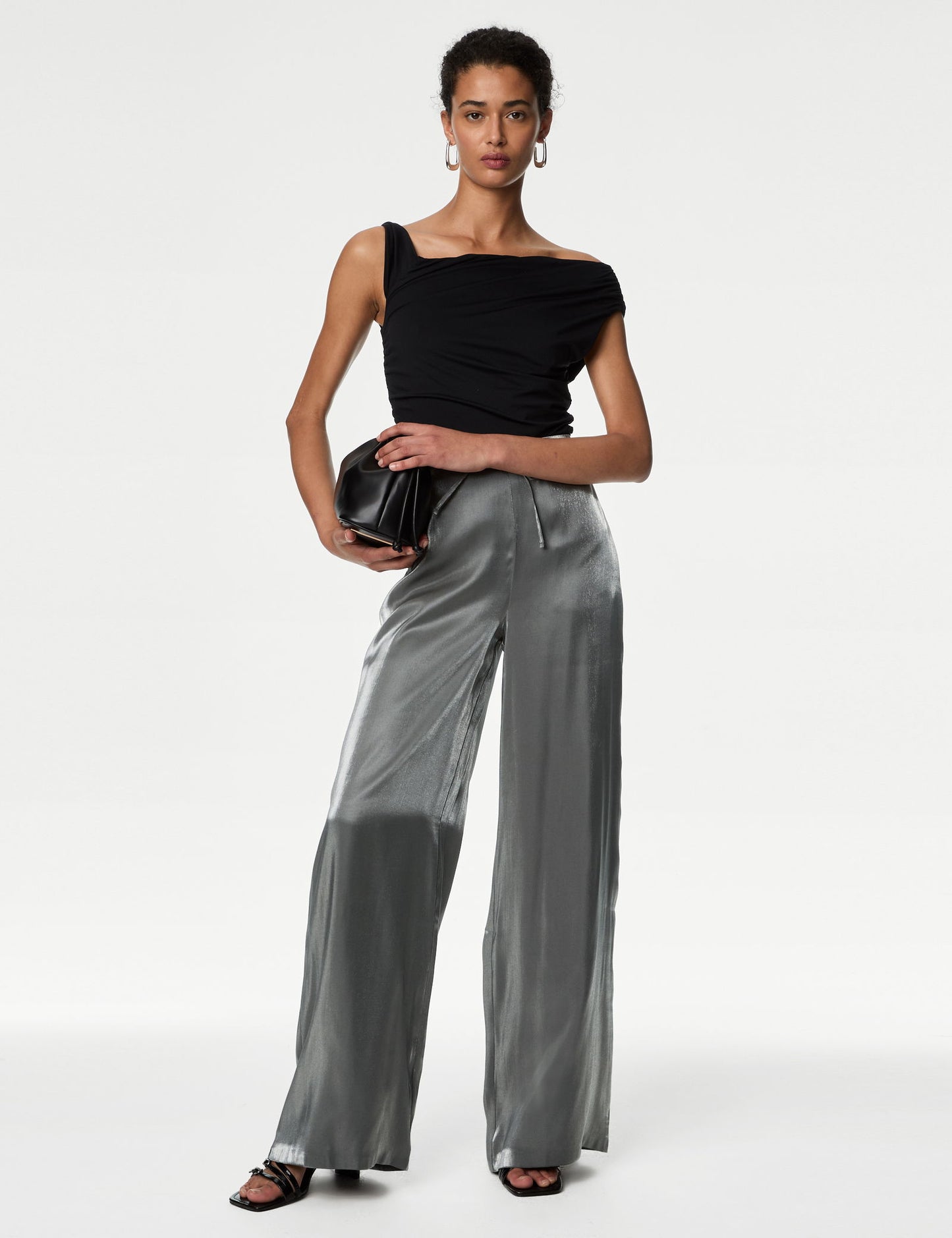 Yüksek Bel Metalik Wide Leg Pantolon