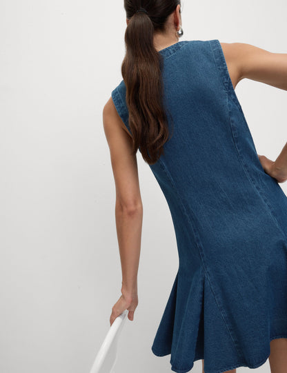 Saf Pamuklu Denim Mini Shift Elbise