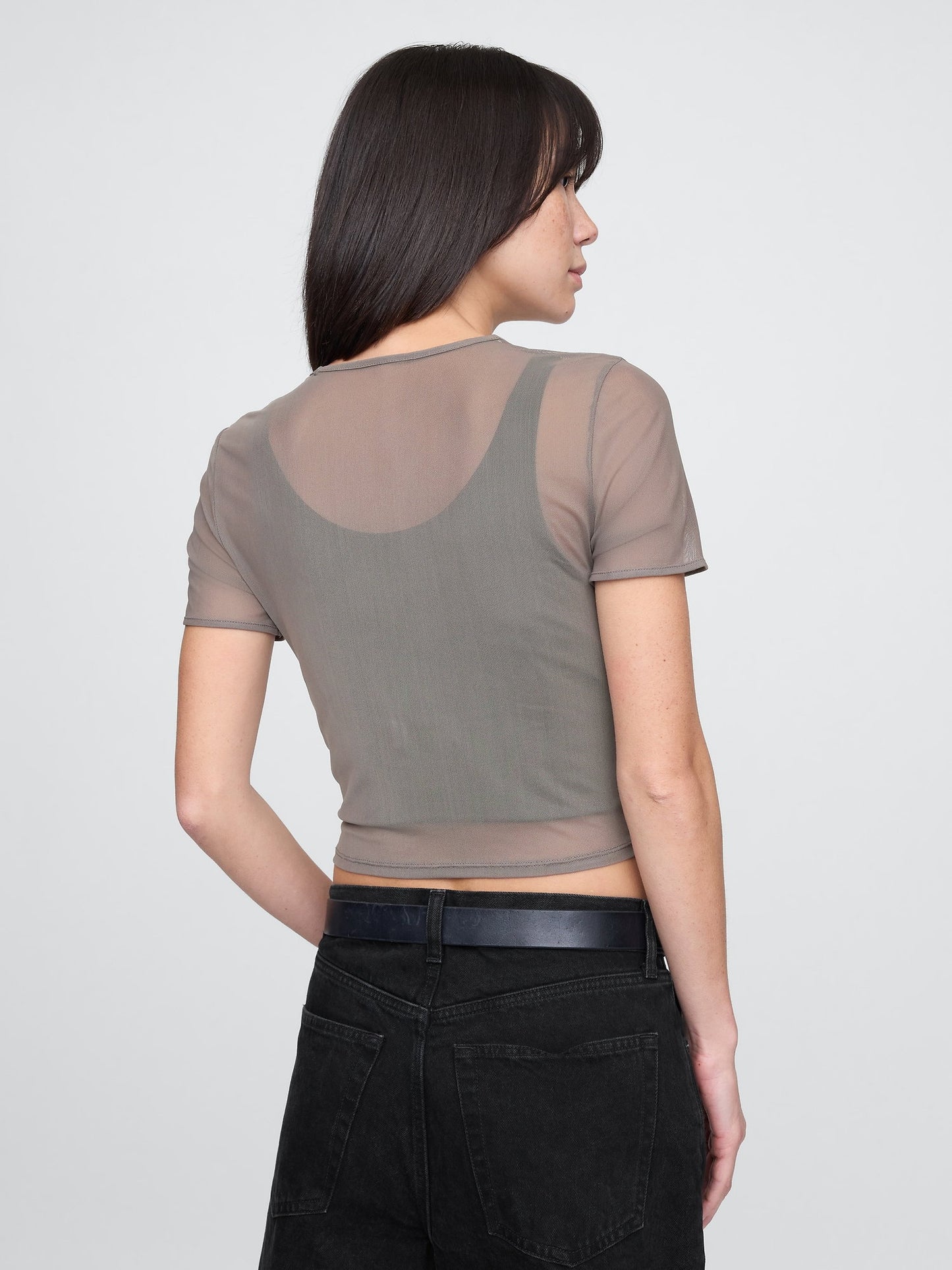 Koyu Gri Transparan Crop T-shirt