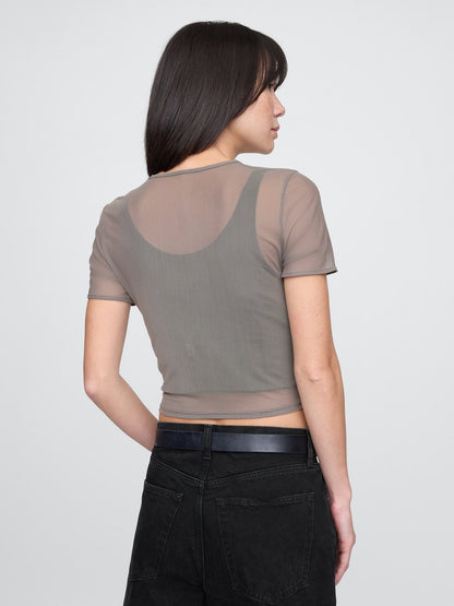 Koyu Gri Transparan Crop T-shirt