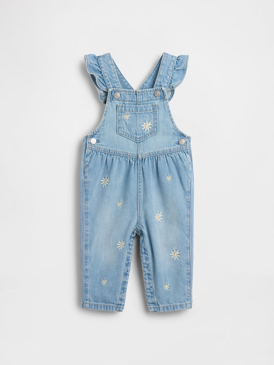 Açık Mavi Çiçek Işlemeli Denim Tulum