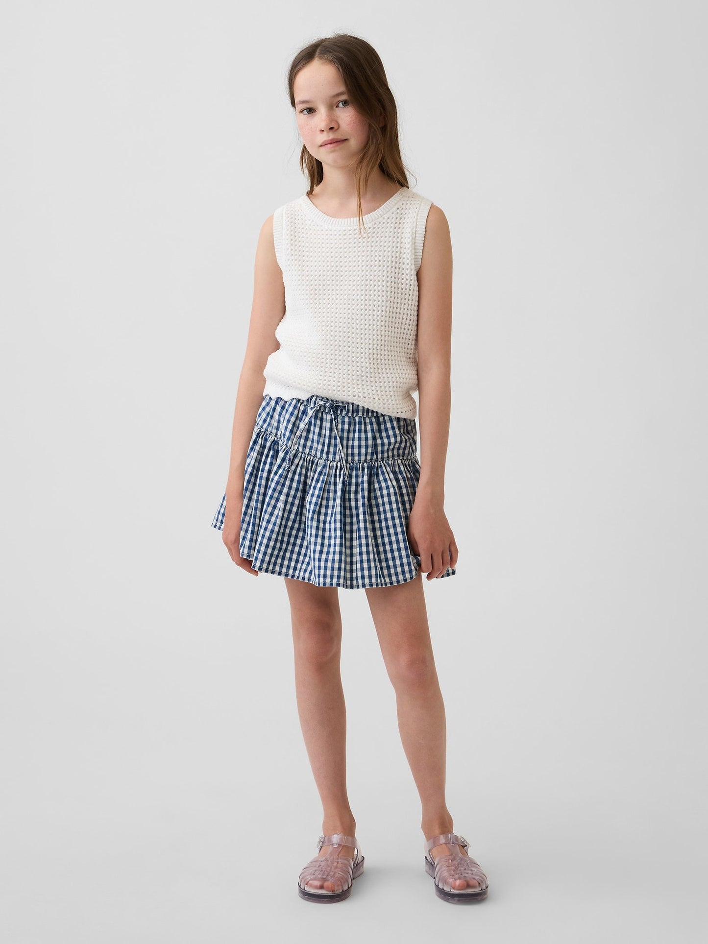 Mavi Gingham Denim Katmanlı Şort Etek