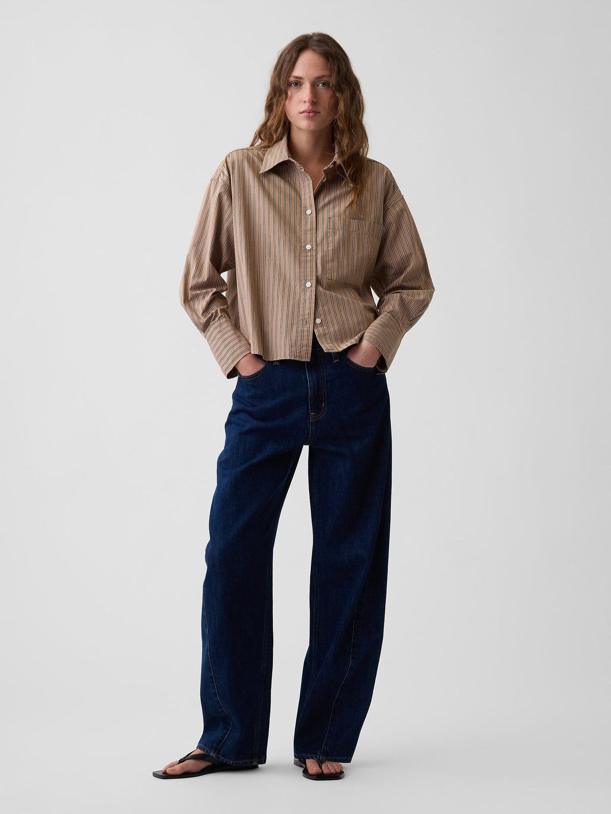 Açık Kahverengi Organik Pamuk Poplin Oversized Crop Gömlek
