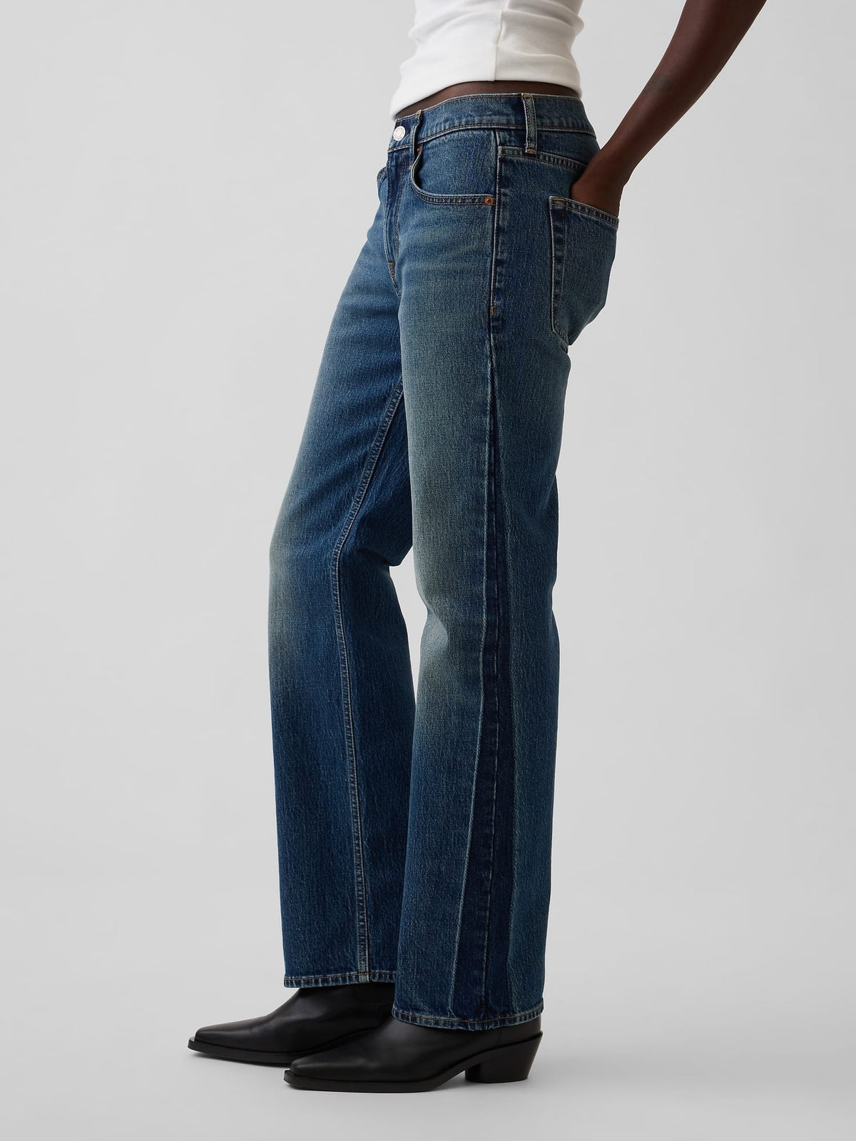 Koyu Mavi Mid Rise Relaxed Straight Jean Pantolon