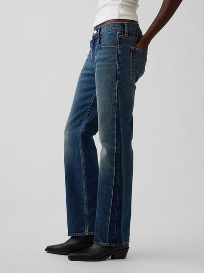 Koyu Mavi Mid Rise Relaxed Straight Jean Pantolon