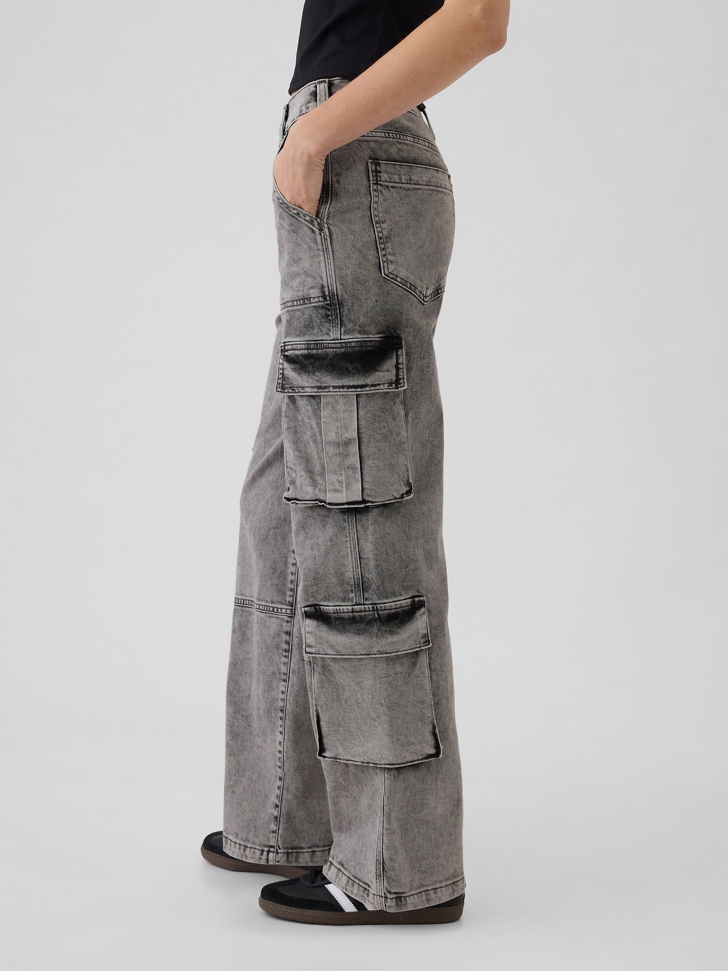 Siyah Mid Rise Double Cargo '90s Loose Jean Pantolon