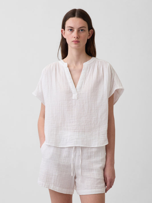 Beyaz Pamuk Gauze Oversized Split-neck Üst
