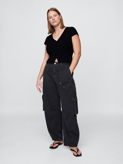 Siyah Mid Rise Barrel Kargo Pantolon