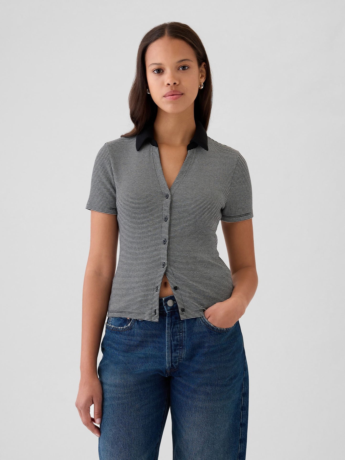 Siyah Modern Rib Düğmeli Polo Yaka T-shirt