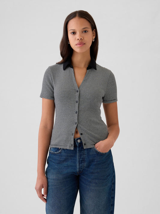 Siyah Modern Rib Düğmeli Polo Yaka T-shirt