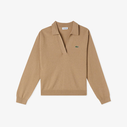 Lacoste Kadın Classic Fit Polo Yaka Bej Kazak