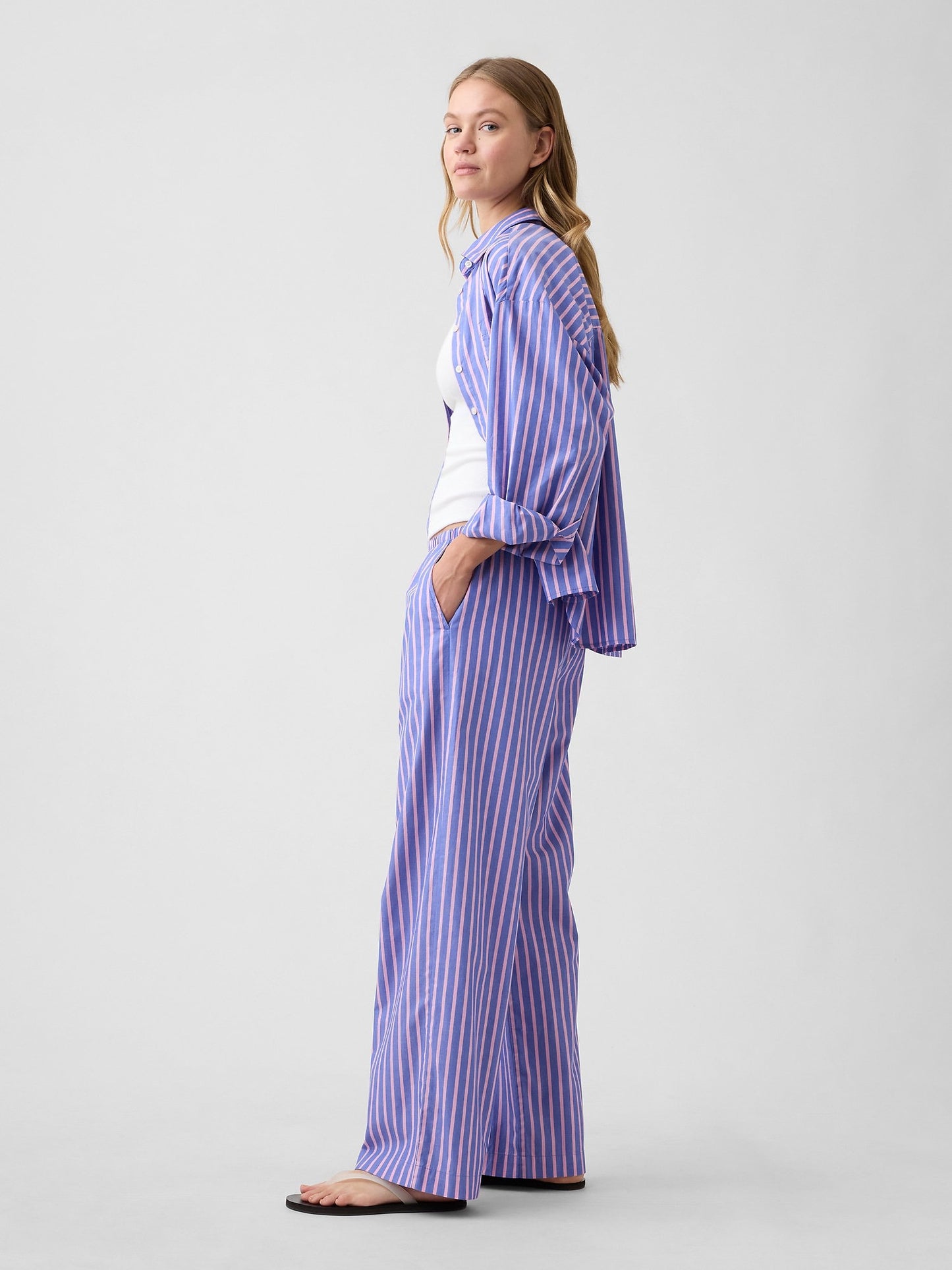 Mavi Mid Rise Pull-on Çizgili Poplin Pantolon
