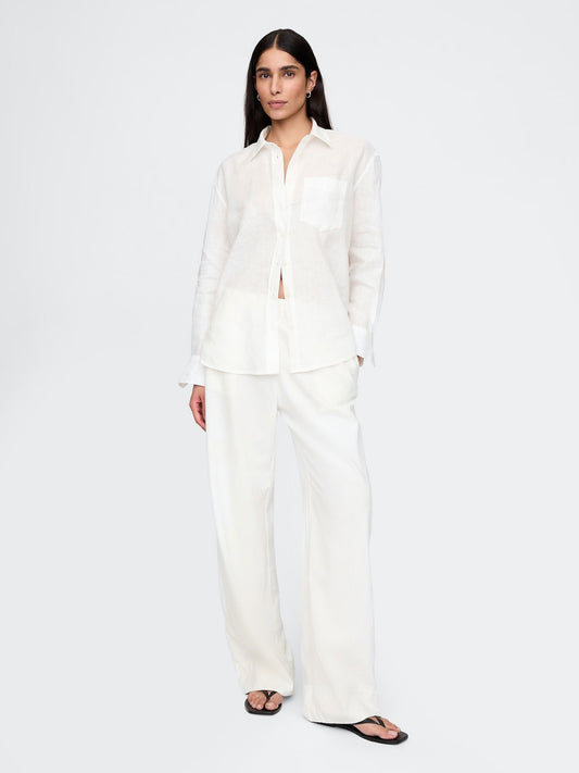 Beyaz Keten Karışımlı Easy Wide Leg Pantolon