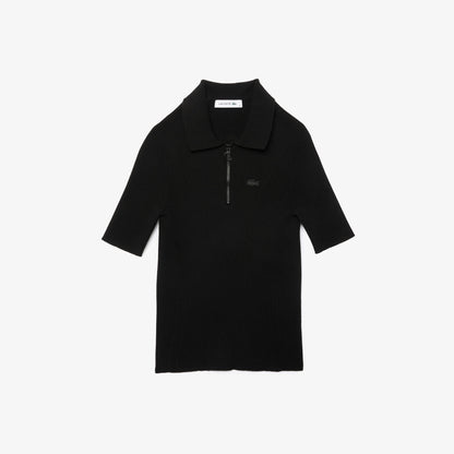 Lacoste Kadın Slim Fit Kısa Kollu Yarım Fermuarlı Siyah Triko