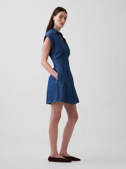 Mavi Denim Pileli Mini Gömlek Elbise