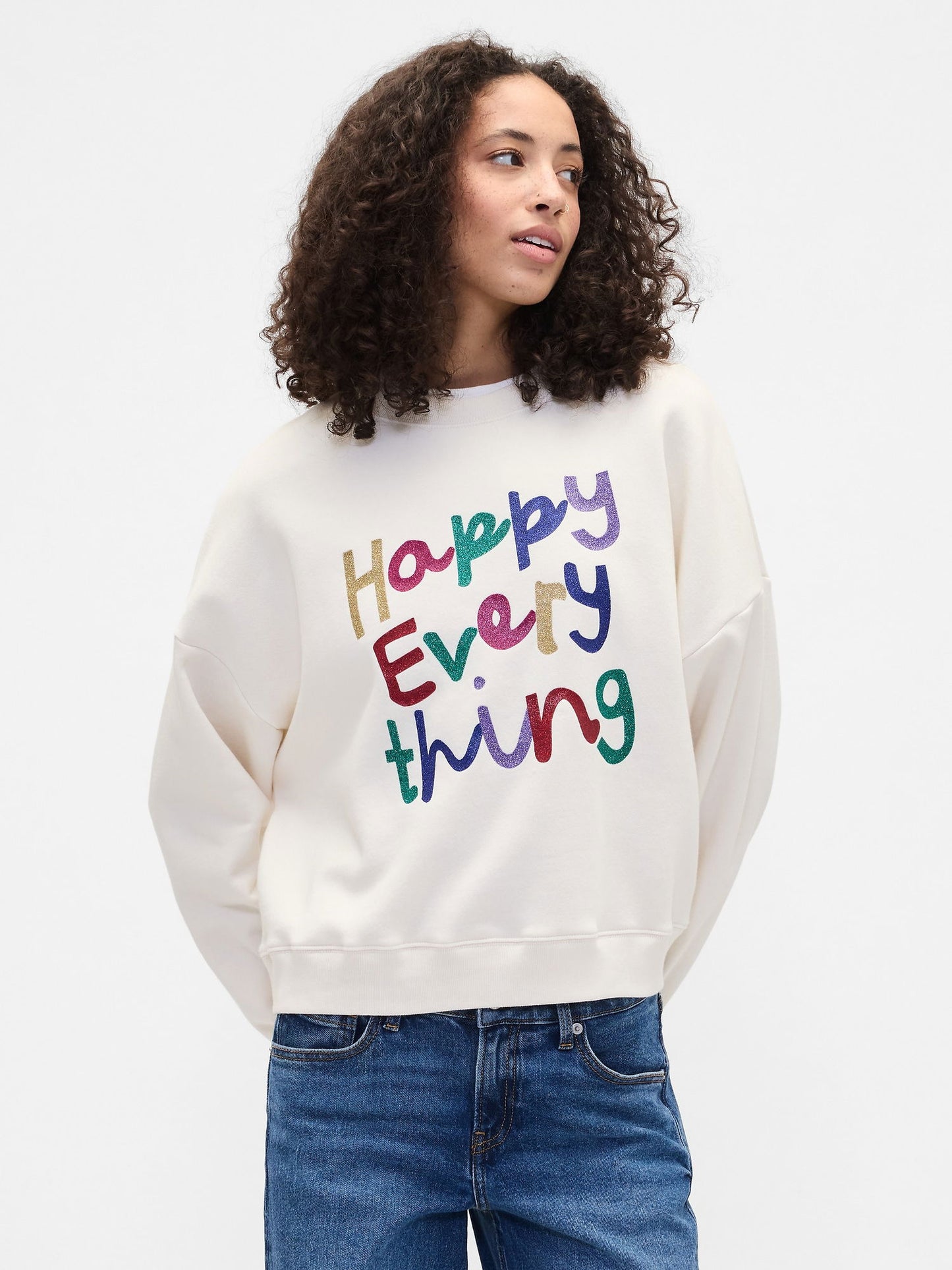 Kırık Beyaz Oversized Grafik Baskılı Sweatshirt