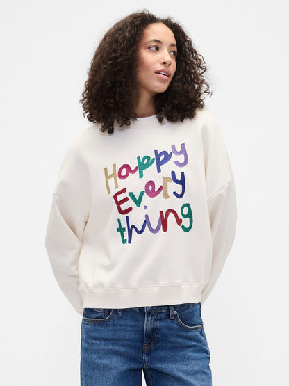 Kırık Beyaz Oversized Grafik Baskılı Sweatshirt