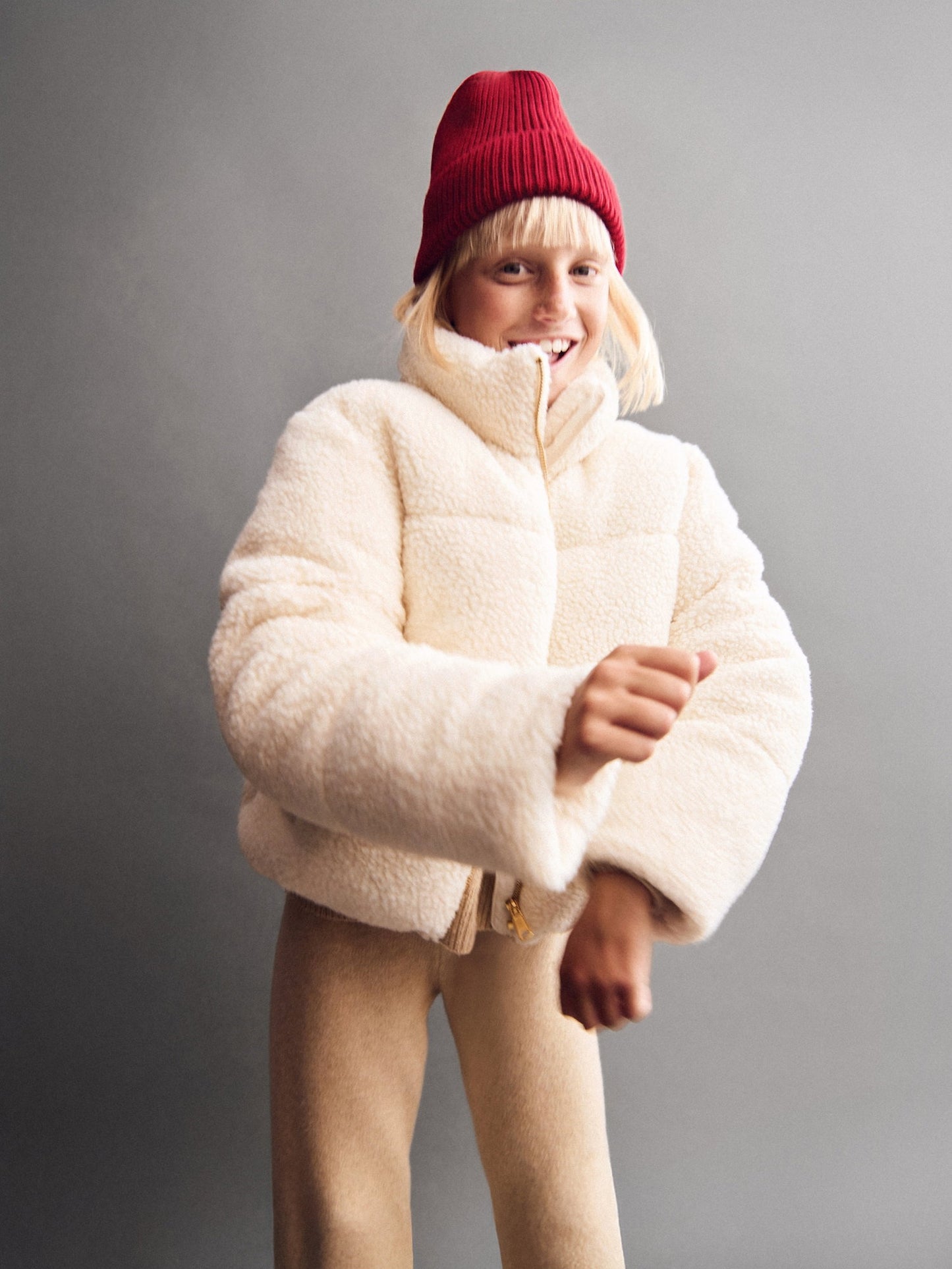 Kırık Beyaz Sherpa Puffer Şişme Mont