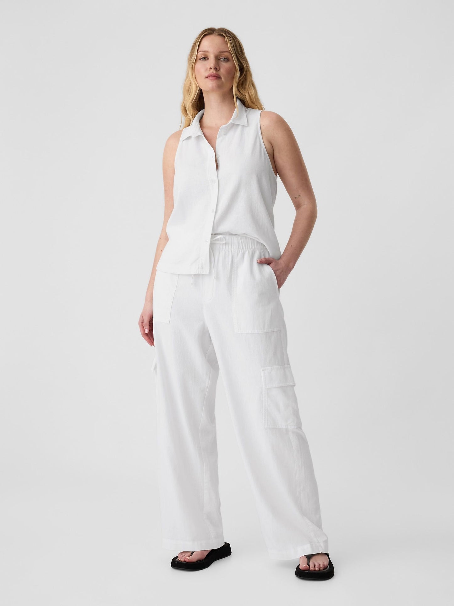 Beyaz Keten Karışımlı Wide-leg Kargo Pull-on Pantolon