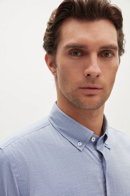 Damat Slim Fit Lacivert Armürlü %100 Pamuklu Gömlek