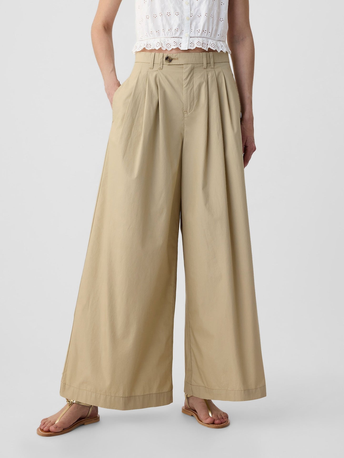 Bej Gap × Dôen High Rise Wide Leg Khaki Pantolon