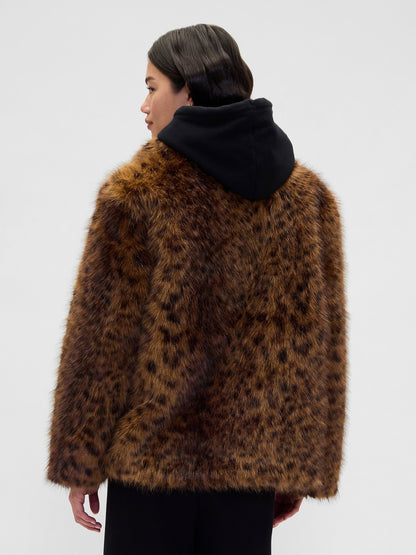 Kahverengi Leopar Faux Fur Palto