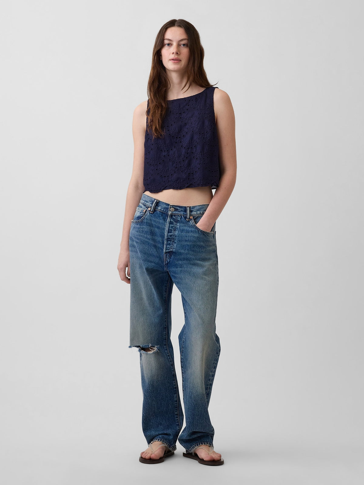 Lacivert Eyelet Crop Shell Askılı Bluz