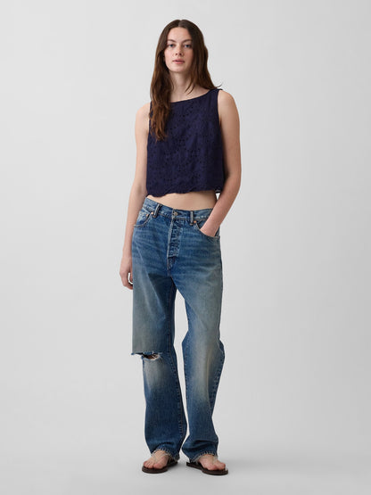 Lacivert Eyelet Crop Shell Askılı Bluz
