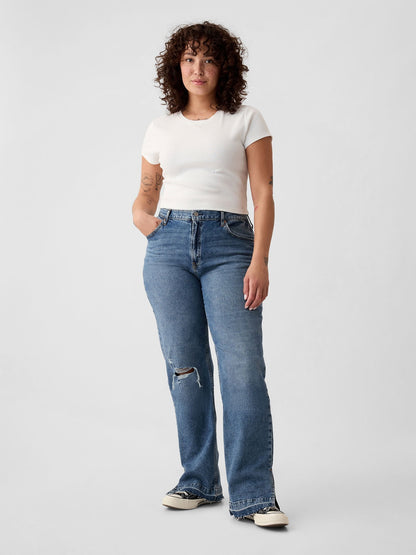 Koyu Mavi Mid Rise Cotton '90s Loose Jean Pantolon